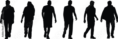 Silhouette illustration of multiple men walking forward in casual outfits, isolated on white background, vector people design for creative projects.