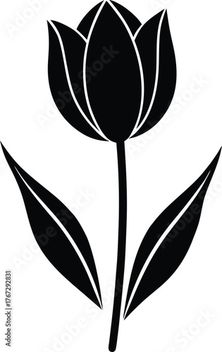 Black silhouette of a single tulip flower with leaves