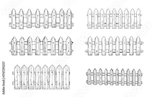 Detailed Hand Drawn Illustration of Various Style Wooden Picket Fences on White