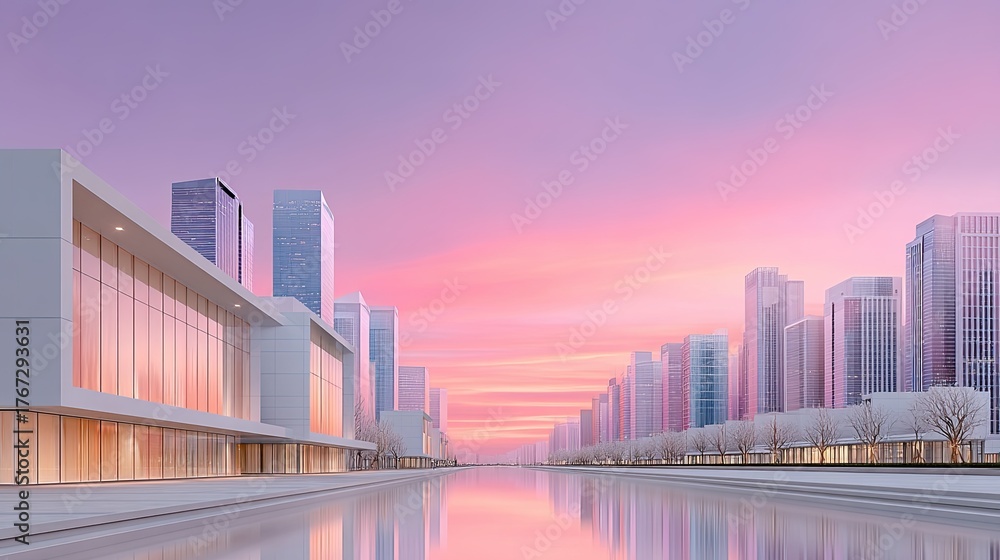 Obraz premium Modern Urban Architecture Reflecting Pastel Pink and Orange Sunset Sky With Tall Glass Buildings and Sleek White Structures on Waterfront Promenade