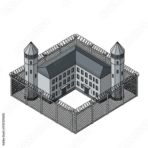 A detailed isometric illustration of a secure correctional facility with watchtowers and barbed wire fencing, representing law and order