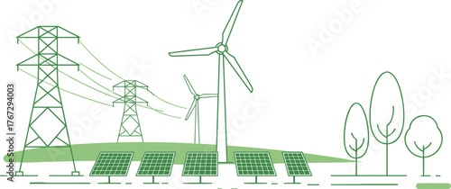 Renewable energy illustration with wind turbines, solar panels, power grid, green trees, clean electricity, sustainable infrastructure, eco-friendly landscape, environmental conservation