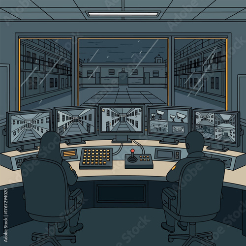 Security Control Room with Surveillance Monitors and Operators Monitoring the Facility