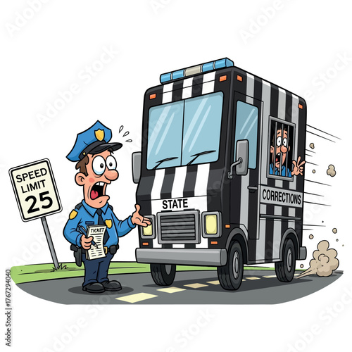 A shocked police officer reacts to a speeding state corrections van, caught off guard by the vehicle's excessive pace while a prisoner attempts to escape