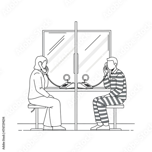 A poignant line drawing of a prison visit, with an inmate in a striped uniform talking to a visitor through a glass partition