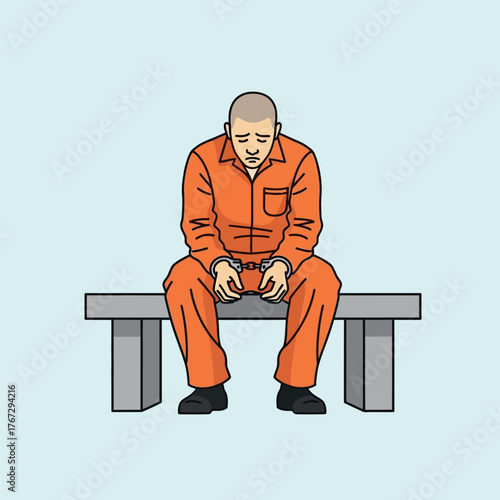 Sad prisoner in orange jumpsuit, handcuffed, sitting on a bench, depicting regret, despair, and the somber reality of incarceration