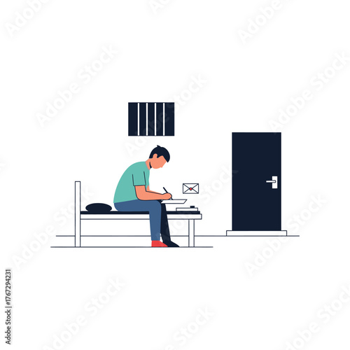 Inmate Writing Letter in Cell Reflective Isolation and Hope