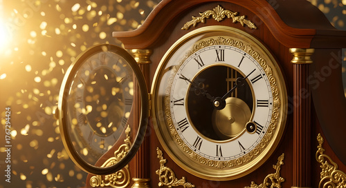 Golden Antique Clock Striking Midnight for New Year's Countdown with Confetti