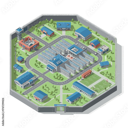 Isometric vector illustration of a modern high-security prison complex layout with cell blocks, administrative buildings, and a surrounding wall