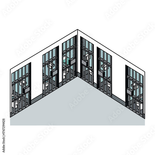 Isometric vector illustration of a modern prison block corner with multiple empty jail cells, a concept for the justice system and incarceration