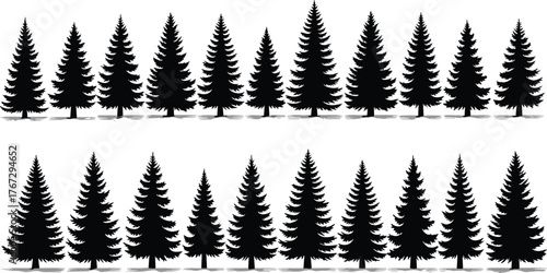 Pine tree silhouette forest collection, evergreen conifer trees vector set, black nature landscape illustration design for outdoor and woodland art