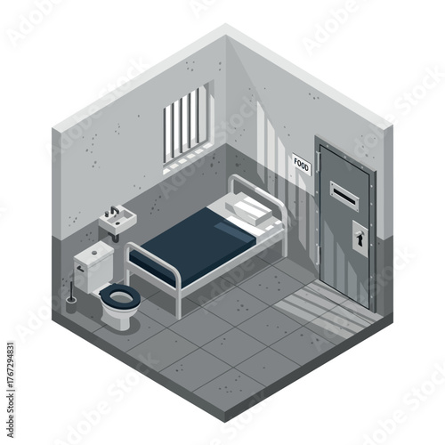 Isometric illustration of a basic prison cell with a bed, toilet, and sink, depicting confinement and solitary living