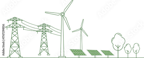 Renewable energy infrastructure, solar panels, wind turbines, electric transmission towers