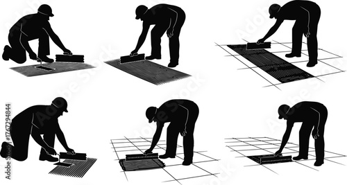 Construction worker tiling floor silhouette, handyman applying adhesive, home renovation illustration, professional builder laying tiles, repair and construction concept art