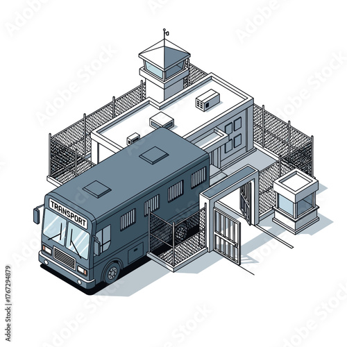 Isometric illustration of a prison transport bus entering a high-security correctional facility with guard towers and fences