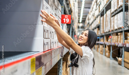 Tablou pe pânză Navigating through a lively warehouse, shopper young asian woman Shopping deligh