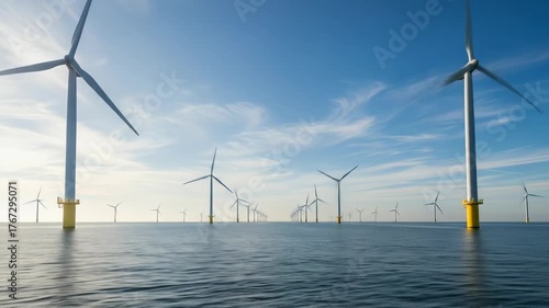 Offshore wind farm with numerous turbines in a body of water under a bright blue cloudy sky