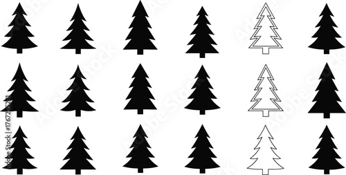 Set of black and outline pine tree silhouettes isolated on white background, evergreen forest icons, minimal vector nature design