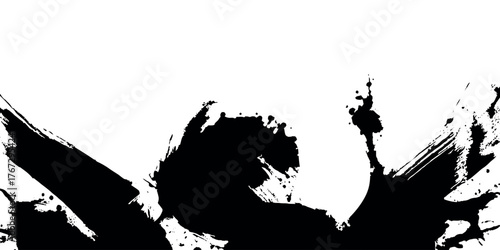 A close-up of a vector style black ink brush stroke dusty and grainy overlay and grunge paint splashed on a white background.	