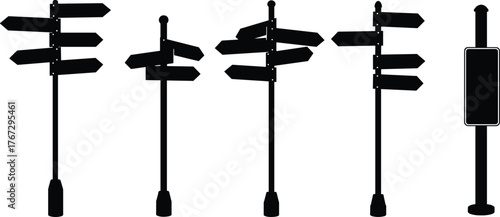 Signpost silhouette vector set, directional arrow signs, wayfinding icons for navigation, urban signage design elements, black isolated road guide symbols