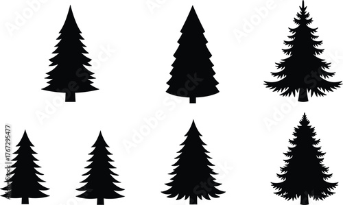 Set of black pine tree silhouettes isolated on white background, evergreen forest icons, nature vector illustration, conifer Christmas tree shapes