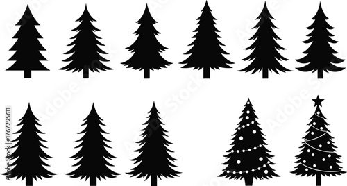 Set of black pine tree and Christmas tree silhouettes isolated on white background, festive evergreen vector icons, winter holiday design elements