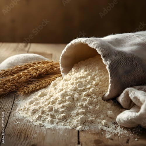 Wheat flour and grains on wooden table for baking