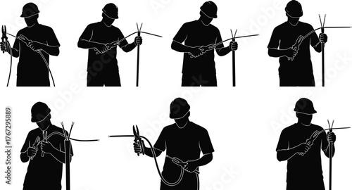 Electricians cutting and connecting power cables, electrical worker silhouettes, cable maintenance, wiring repair, electricity industry safety, professional electrical service illustration