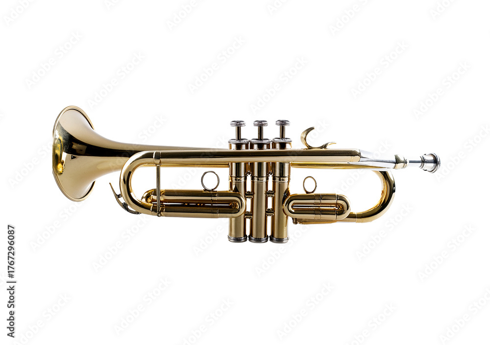 Obraz premium Brass trumpet, isolated on a white studio background with detailed metallic surface and high-quality lighting.