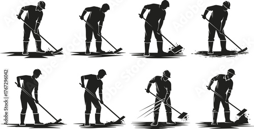 Construction workers digging ground with shovels, manual laborers performing road work, soil excavation and groundwork process, teamwork silhouette illustration concept