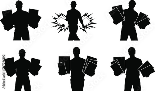 Silhouette construction workers holding building plans, architect blueprints, engineering documents, and project design papers, teamwork and planning concept illustration