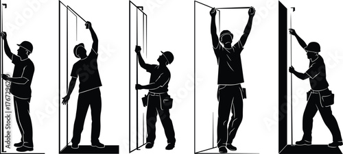 Construction workers measuring door frame installation, professional carpenters using measuring tape tools for accurate building, interior renovation and repair service illustration