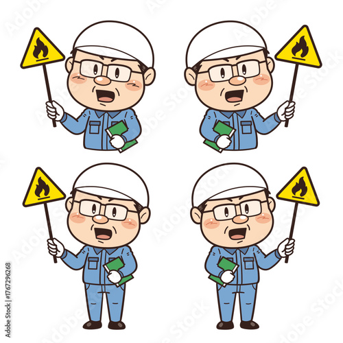 【可燃性物質】工場や現場で働く男性作業員が警告標識を持つイラスト｜不安全行動・不安全状態・労働災害