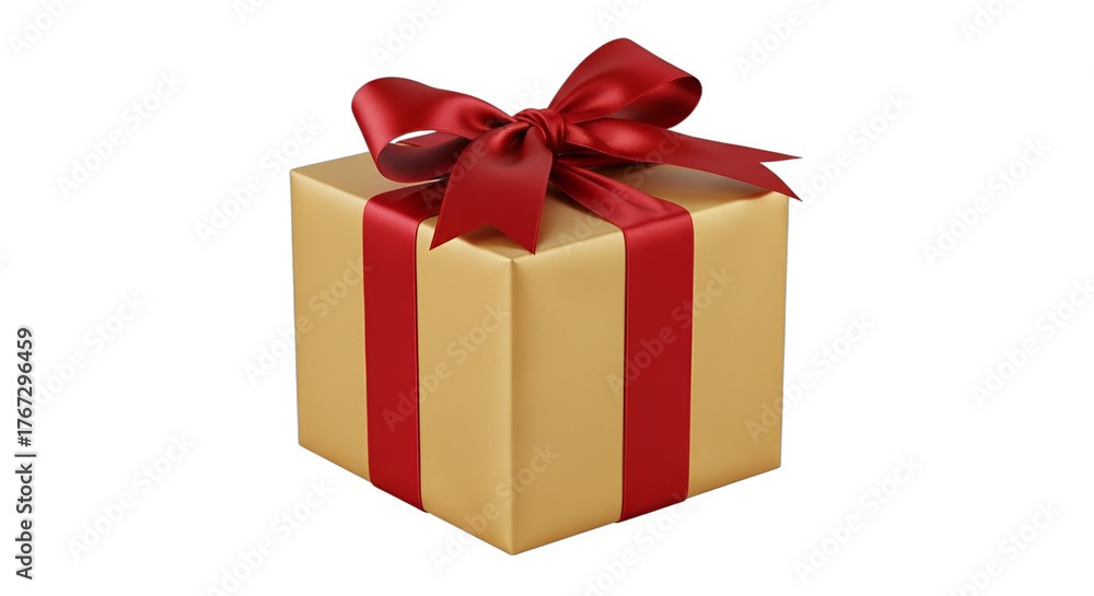 Fototapeta premium Elegant golden gift box with a vibrant red ribbon and bow, perfect for birthdays, Christmas, Valentine's Day, anniversaries, or corporate thank yous. Isolated on white & transparent background,