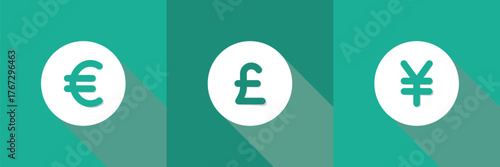 Euro, Pound Sterling, and Yen currency symbols in white circles on a teal background