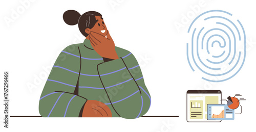 Person thinking, accompanied by fingerprint and data analysis visuals. Ideal for privacy, identity, online security, data protection, decision-making, surveillance, simple flat metaphor