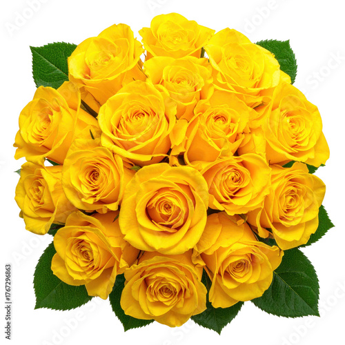 Vibrant Yellow Rose Bouquet with Lush Green Leaves on Transparent Background