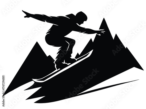 Vector art of silhouette of a snowboarder riding down a mountain