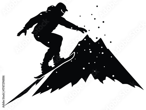 Vector art of silhouette of snowboarder jumping over mountain