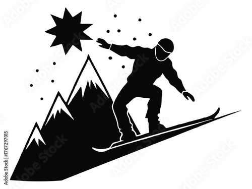 Vector art of silhouette of snowboarder riding down mountain
