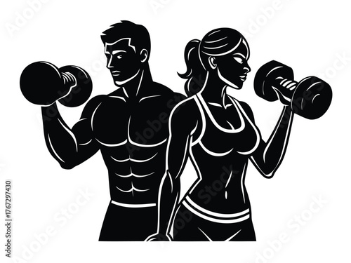 Vector art of muscular man and woman lifting dumbbells