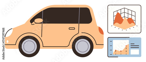 Compact car with side profile detail alongside two data visualization screens displaying graphs and analytics. Ideal for self-driving car, innovation, mobility, data analysis, technology, future