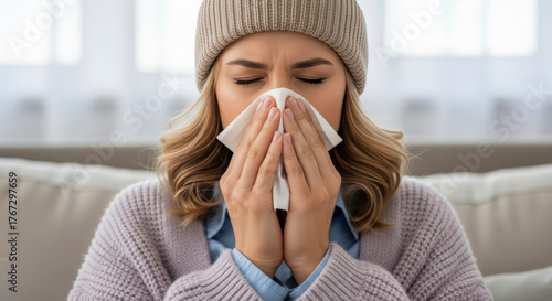 Young woman in a winter hat and sweater blowing her nose into a tissue due to a cold or allergies indoors