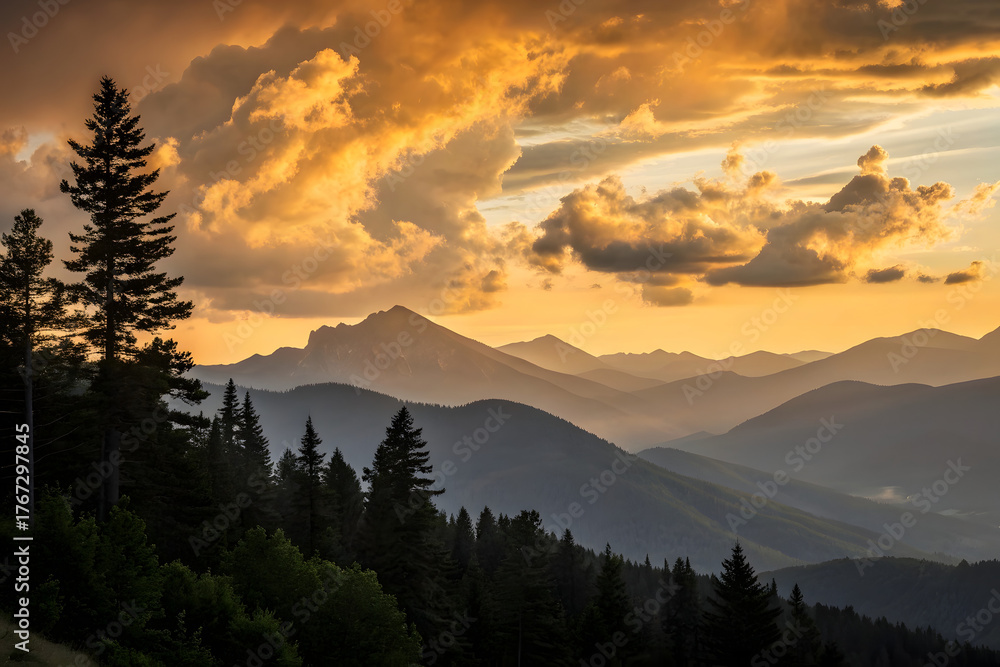 Obraz premium Silhouetted pine trees against a vibrant sunset sky over mountain layers mountains
