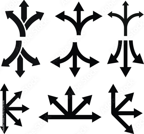 Way direction arrow sign icon set. three arrow, way sign, road direction icon vector. three-way direction arrow sign.Way pointer symbol. Turn arrow navigation sign. Traffic route vector illustration.