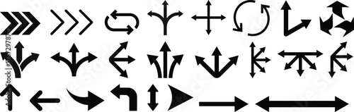 Way direction arrow sign icon set. three arrow, way sign, road direction icon vector. three-way direction arrow sign.Way pointer symbol. Turn arrow navigation sign. Traffic route vector illustration.