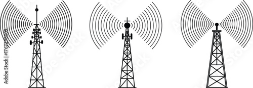 Telecommunication towers emitting radio waves, wireless signal transmission, broadcast