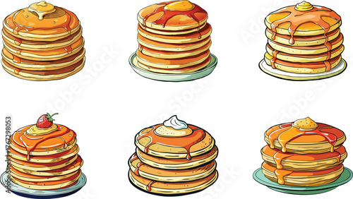Cartoon illustration of several stacks of pancakes with various toppings and syrup