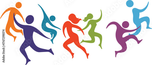 Colorful abstract silhouettes of people dancing, running, and jumping in energetic movement, diversity, fitness, vitality, and teamwork illustration