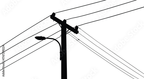 Urban utility pole silhouette with power lines, streetlight, electrical infrastructure, city energy distribution, black and white vector, minimalist design, isolated background